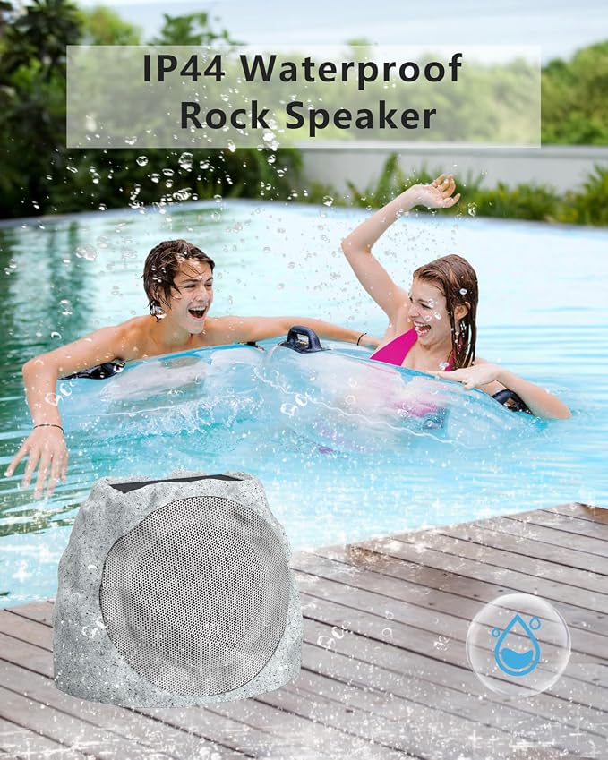 Outdoor Speakers Bluetooth Waterproof Patio TWS Connection Outdoor Bluetooth Speakers Wireless Solar Powered and Rechargeable Rock Speaker for Patio Pool,Backyard (Gray, 2 Pack)