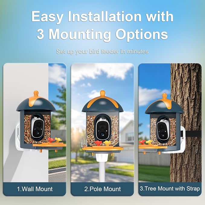 Smart Bird Feeder with Camera Outdoor Birdhouse: AI Identifies 11000+ Species, 2K HD with Arrival Alerts, Attracts Hummingbirds, Solar Powered