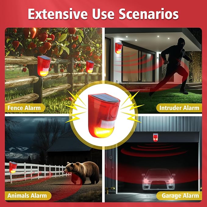 ChunHee Solar Outdoor Motion Sensor Alarm 4 Working Mode Motion Activated Alarm 129dB Loud Sound Noise Maker IP65 Waterproof Motion Detector with Strobe Light for Garden Yard Farm Home 2PC