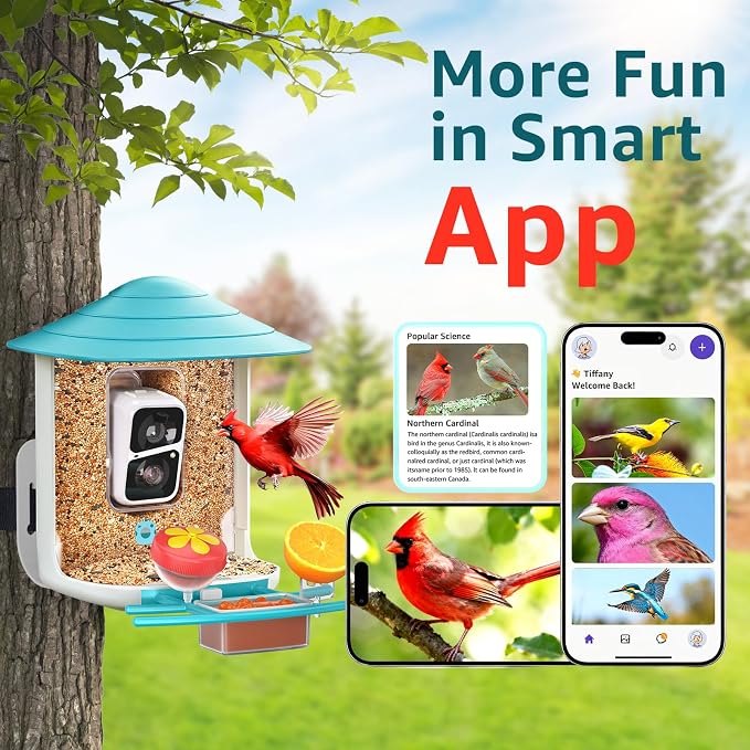 birdsnap® TUC Bird Feeder with Camera 2K HD Live with 32GB Card Auto Detect & Notify AI Identify Camera Birds Feeders Solar Powered Wireless Outdoors Backyard Gift for Mom Dad Birds Lover, 2.4G WiFi