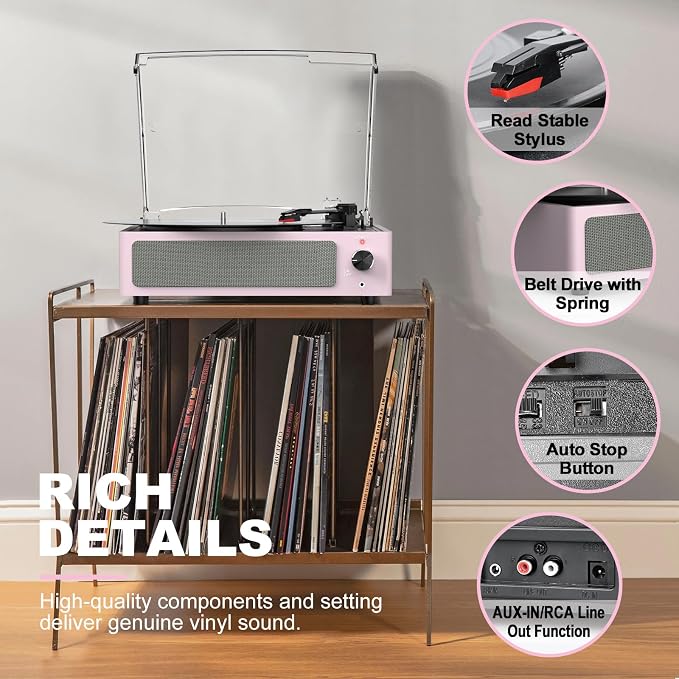 Vinyl Record Player with Speakers Turntable for Vinyls Records 3 Speed 3 Size Belt-Driven Wireless Receiver Portable All-in-1 Vinyl Players for Vinyls Auto Stop Headphone AUX RCA Line Out Pale Pink
