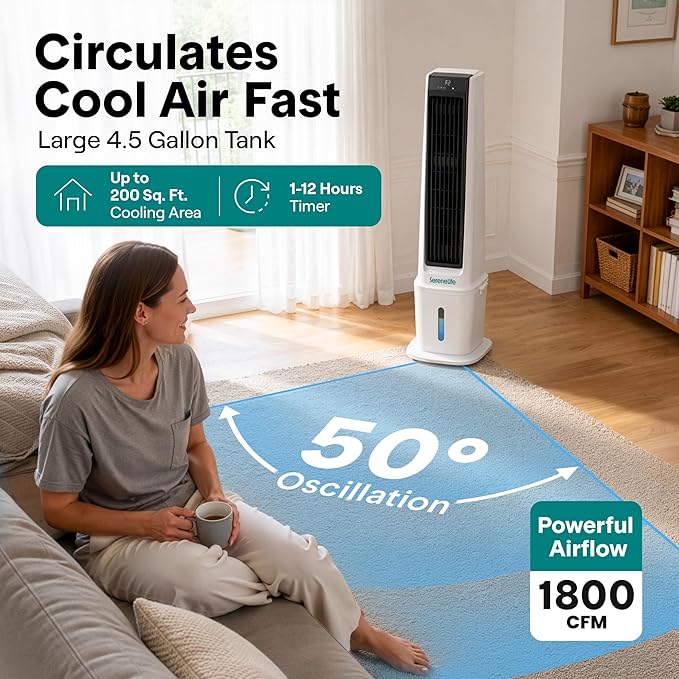 SereneLife Evaporative Air Cooler with 17L Detachable Water Tank, Air Cooler with 1800 CFM Cooling Power, Indoor Outdoor Oscillating System with Wheels, Remote & Ice Packs, (Black & White)