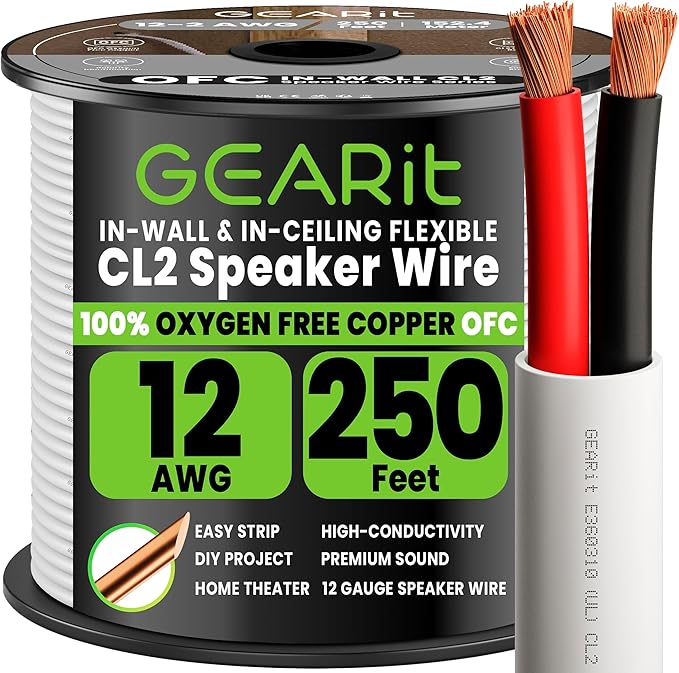 GEARit 12 Gauge Speaker Wire Cable,UL CL2 Rated 12 Gauge Wire 250ft,Copper Wire with Polarity Mark,Audio Cable for In-Wall Home Theater,Home,Car Stereo,Commercial Audio Systems,OFC(White,2-Conductors)