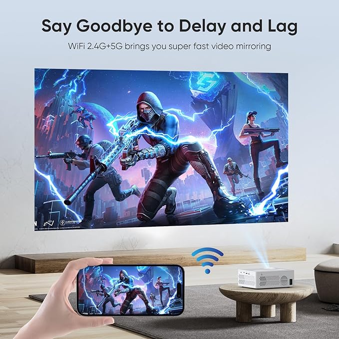 Mini Projector with WiFi and Bluetooth Native 1080P 4K Support, Portable Movie Projector with Screen, Compatible with Smartphone, HDMI, TV Stick for Home, Bedroom, Outdoor Use