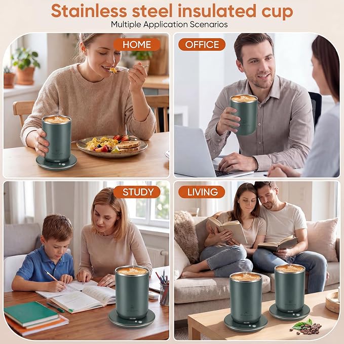 Self Stirring Coffee Mug, Self Heating Coffee Mug, Heated Cup with 3-Level Smart Temperature Control, Auto Shut-Off Electric Coffee Cup Warmer with Detachable Base, Gift for Family Friends (Green)