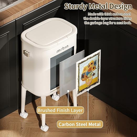 MRBIN Metal Slim Bathroom Trash Can with Legs and Wheels, 15L / 4gal Toilet Press Lid Waste Basket, Covered Office Garbage Pail for Near Desk, Narrow Vanity, Rvs, Kitchen, Sunflower