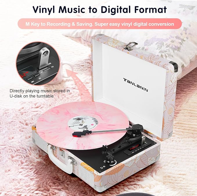 Pink Floral Vinyl Record Player with Built-in Speakers & USB Recording, Vintage 3-Speed Bluetooth Portable Suitcase Turntables Belt-Driven LP Player Support AUX/RCA/Headphone Jack