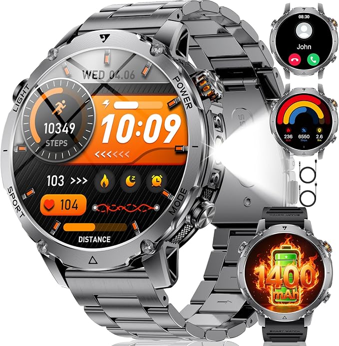 SUNKTA Military Smartwatch for Men with Flashlight,1400mAh Battery Fitness Tracker Smart Watches,1.7" HD Screen 5ATM Waterproof Sport Smart Watch for Android iPhone,Heart Rate/Sleep Monitor(2 Bands)