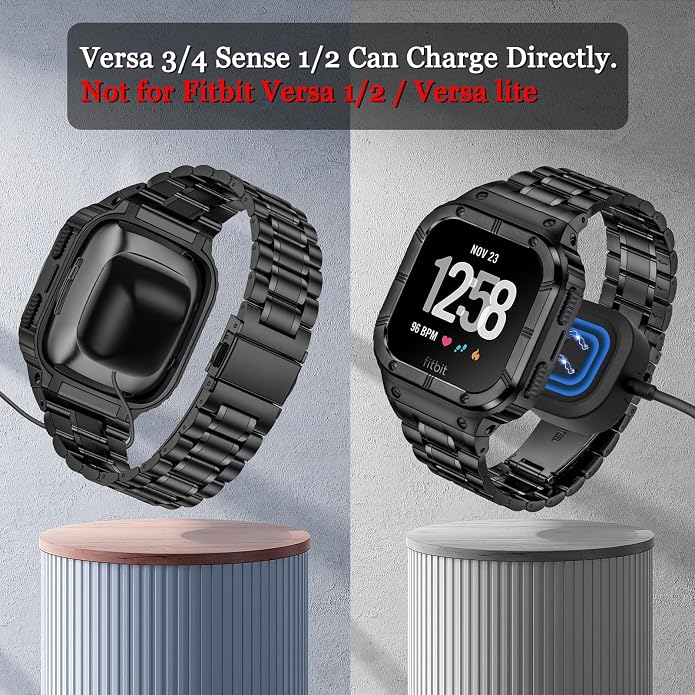 BAITEYOU Stainless Steel Watch Band with Case Compatible for Fitbit Versa/Fitbit Sense Bands, Rugged Protective Bumper Metal Wristbands for Men Women