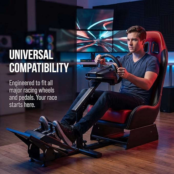 Sim Racing Cockpit with Seat | Compatible with G29 G920 G923 T248X T248 T300RS TX F458 T500RS| Easy to Install Racing Wheel Stand for PS5, Xbox, PC Gaming (Black/Red)