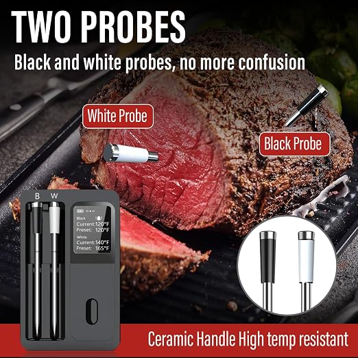 Bluetooth Smart Meat Thermometer – Wireless Digital Meat Thermometer with Dual Probes, App Control, Real-Time Temp Monitoring & Alerts for Grilling, Smoking, Oven, Kitchen & Outdoor