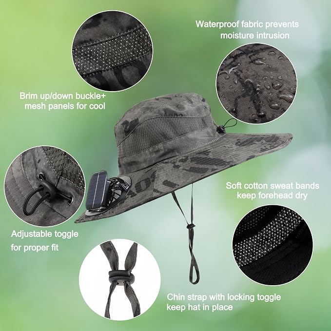 Outdoor Solar Powered Fan Hat for Men Women Breathable Wide Brim Hat with 2 Fans UPF 50+ Fishing Hat Beach Bucket Sun Hat