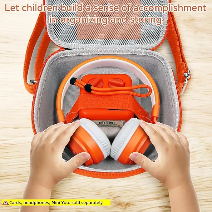 Hard Case Compatible with Yoto Mini (2024 Edition), 3-in-1 Travel Bundle: Silicone Cover + Case with Shoulder Strap (Fits Mini Player & Headphones) + Up to 10 Card Holder for YOTO Cards (Orange)