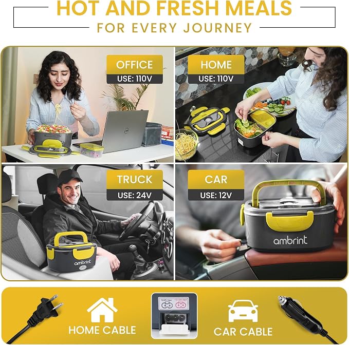 80W Electric Lunch Box for Adults - Heated Lunch Box & Portable Food Warmer with 1.5L Stainless Steel Container | 12V/24V/110-220V Lonchera Eléctrica Portátil for Car, Truck & Office - Grey