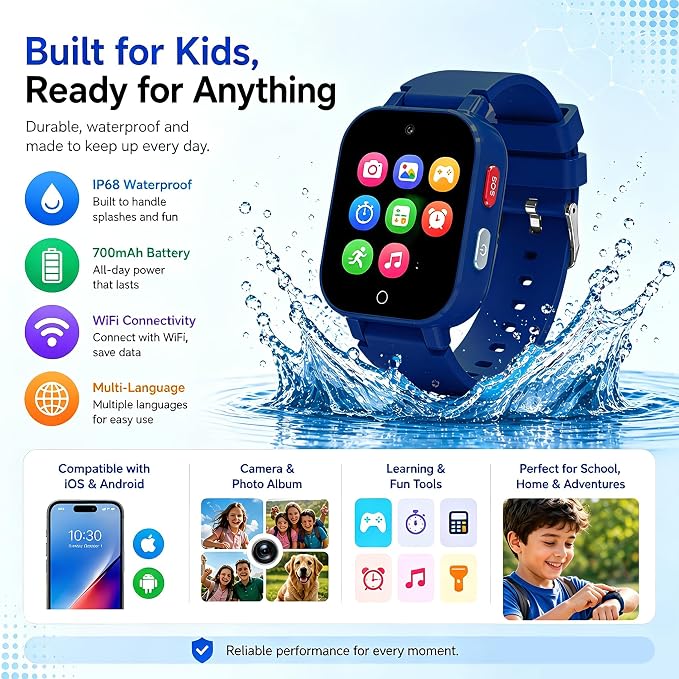 4G Kids Smart Watch with GPS Tracker, Video & Voice Call, SOS, WiFi, IP68 Waterproof, AI Smart Features, Parental Control Phone Watch for Boys Girls Age 4-12(SIM Card Included)