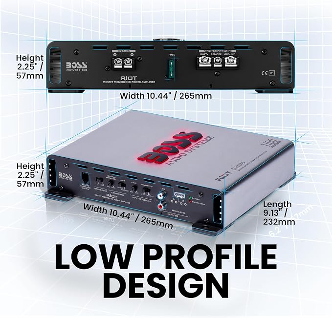BOSS Audio Systems R1100M-S Monoblock Car Amplifier - 1100 High Output, 2-8 Ohm Stable, Low/High Level Inputs, Low Pass Crossover, MOSFET Power Supply