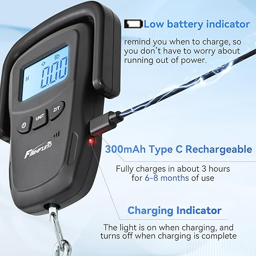 Rechargeable Fish Scale, Digital Hanging Fish Weight Scale with Large Handle and Tape Measure for Fishing, Hunting, Outdoor, Farm, 110lb/50kg