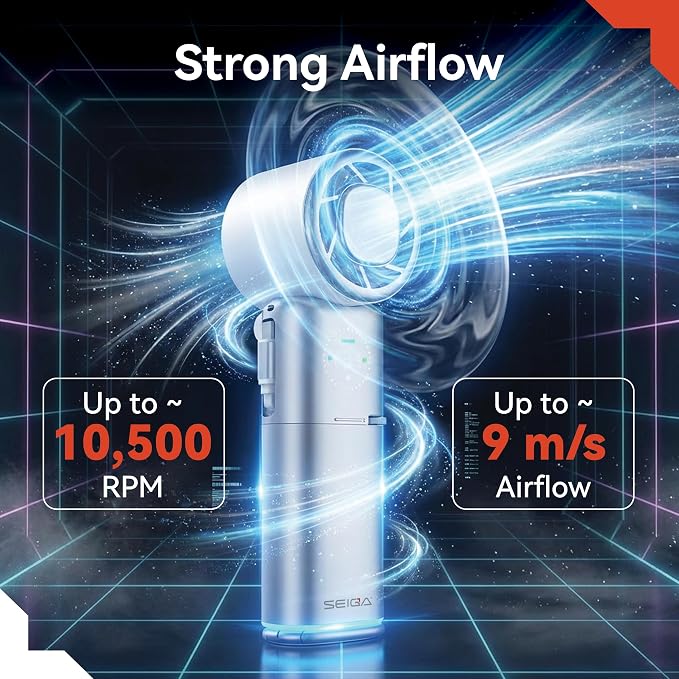 SEIGA Pro Metal Ice Fan with Cooling Plate & 9000mAh Power Bank, 10500 RPM 100-Speed Handheld Fan, 22.5W Fast Charge, USB-C Cable & Flashlight for Travel & Summer