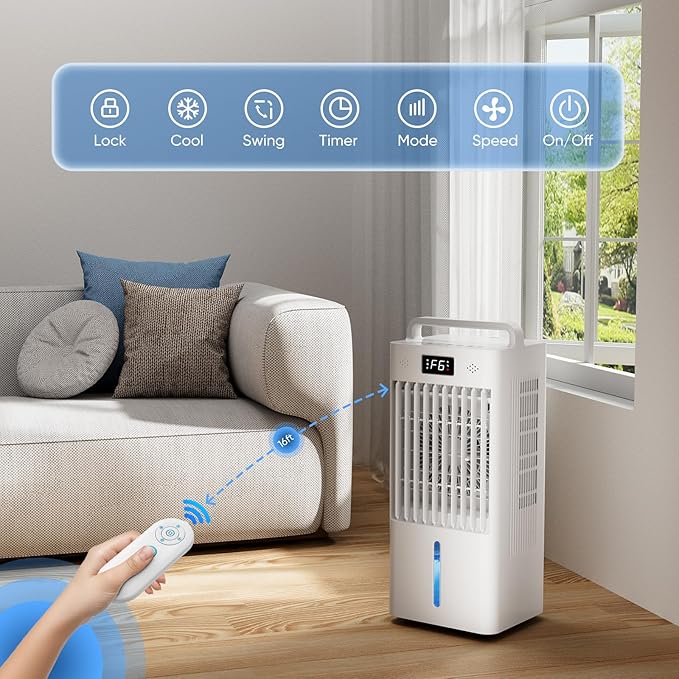 Feculs Portable Windowless Air Conditioners, 3-IN-1 Swamp Cooler, Evaporative Air Cooler, 6 Speeds & 3 Modes, 3-Gal Water Tank for Cooling, 20 FT/S Remote Control, Portable Air Cooler for Indoors