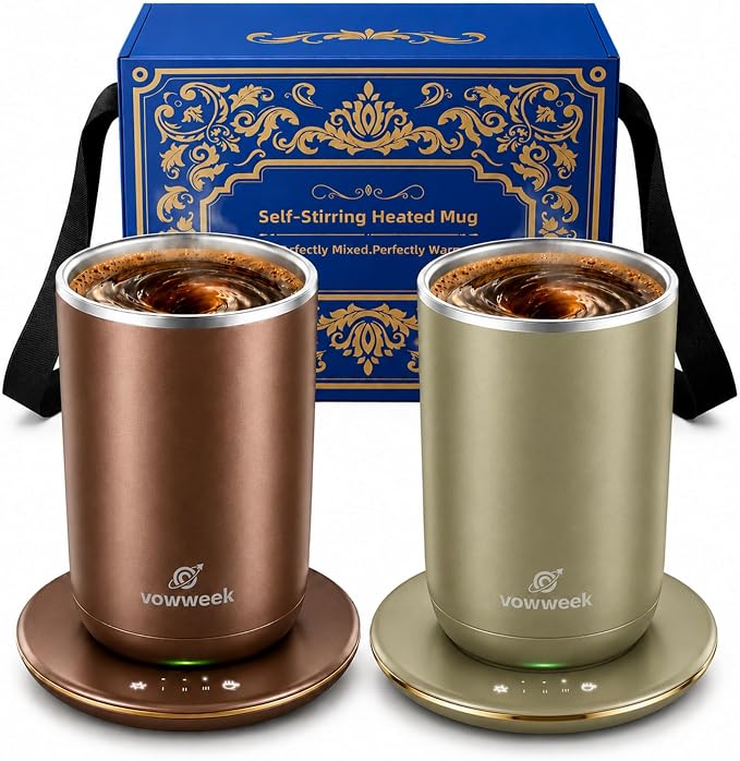 Self Heated Stirring Mugs Set of 2, 10oz Coffee Cups Warmer, Green & Brown | 304 stainless steel interior. Includes 3 heat settings, 8H auto shut-off, plug-in base for home office desk