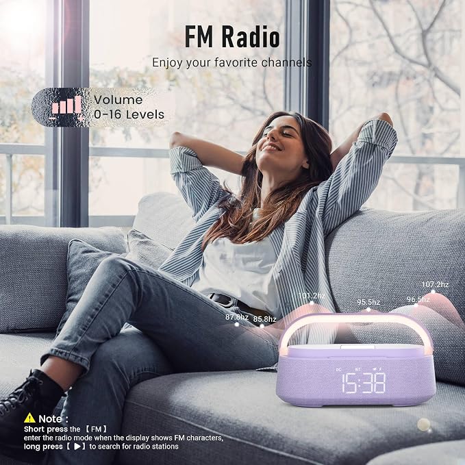 FREEFISH Bluetooth Speaker with Wireless Charger, FM Radio, Dimmer Night Light, Phone Holder, Wireless Charging Speakers for iPhone Samsung, Bedrooms Home Office Gifts