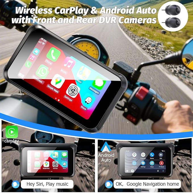 Portable Motorcycle Carplay Screen DVR,Wireless 5 Inch Waterproof Touchscreen Motorcycle TPMS with Dual 1080P Backup Camera,Siri & GPS Navigation,Apple Car Play & Android Auto for Motorbike