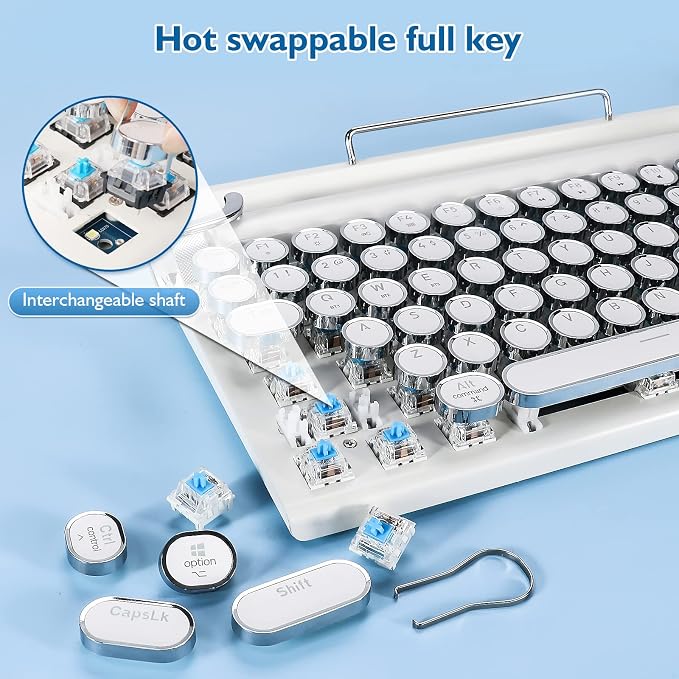 Adventurers Retro Typewriter Keyboard, 75% Layout 83 Keys with Blue Switch,Bluetooth 5.0,Fixed Multi-Color Backlight,Hot-Swappable for PC/Laptops/Mac/ipad(White)