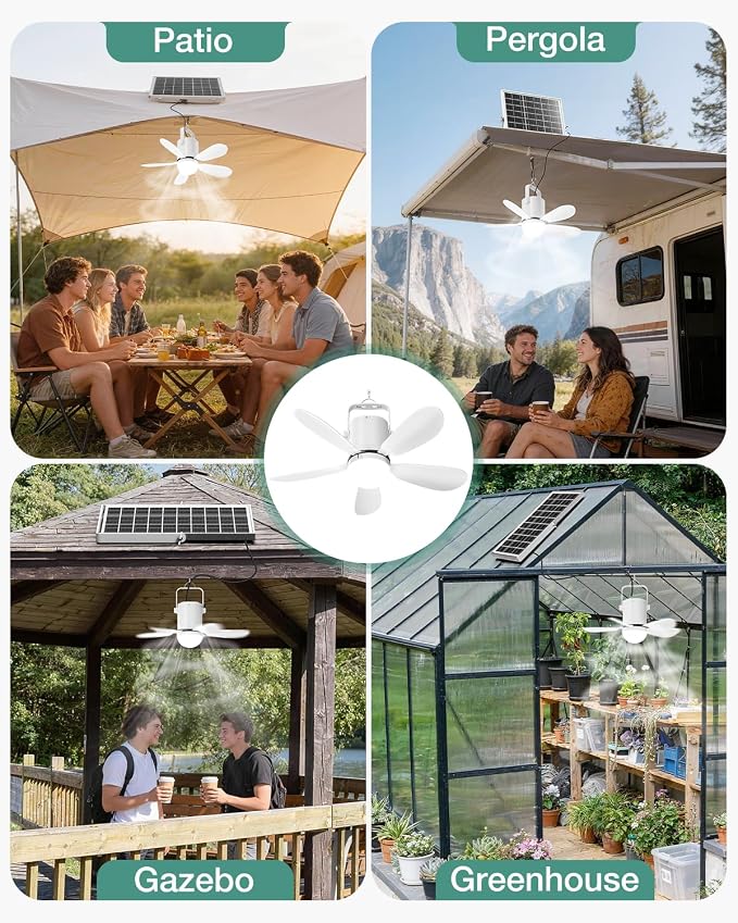 Solar Ceiling Fan Light, 30W Solar Gazebo Fan with Remote, Portable Solar Canopy Fans for Outside, Rechargeable Battery Operated Camping Fan, for Tent Shed Patio Greenhouse Porch Pergola