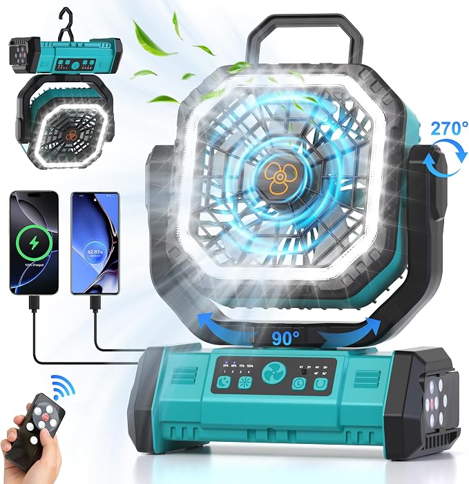 Honesorn Portable Rechargeable Fan 20000mAh, Camping Fan with LED Light & Remote, USB C Cordless Battery Powered, 4 Speeds Timer Hanging Hook for Travel Tent Outdoor Essentials - Blue