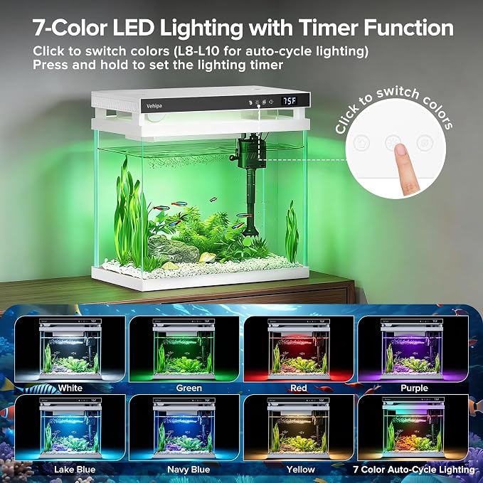 Vehipa Fish Tank Aquarium, 2.2 Gallon Smart Fish Aquarium Kits with Auto Feeder, Silent Water Pump, Temperature Display, Smart Humidifier & 7-Color Lighting, for Office & Home - White