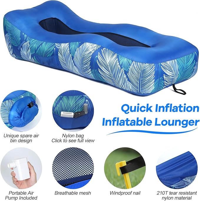 Inflatable Lounger Air Sofa with Unique Sun-Shade, Waterproof Inflatable Beach Bed with Electric Pump, Lightweight Air Hammock Chair for Hiking Backyard Travel Beach Park Picnics（Blue）