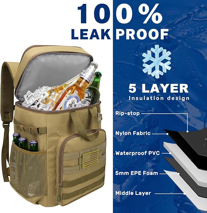 Pyrrhus 43L Cooler Backpack 45/55 Cans Insulated Leak Proof Tactical Backpack,2 Insulated Comaprtments Thermal Bag,Large Lunch Outdoor Backpack for Picnic, Beach, Work,Trip