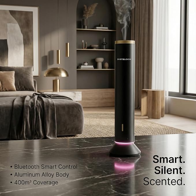 JustBloom Waterless Essential Oil Diffuser, 4000 Sq Ft, App Control, Black | 360° diffusion nozzle, 3-color ambient light, 5000mAh battery and tip-over protection for large rooms, home and office.