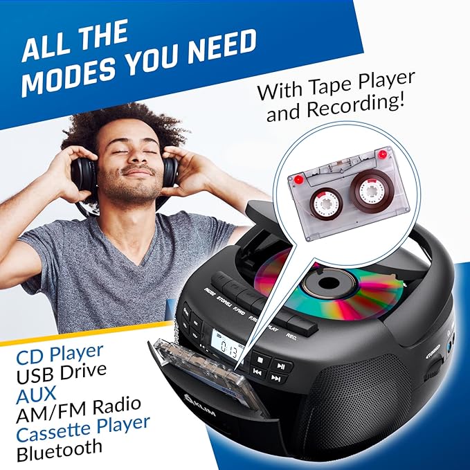 KLIM CD Player & Cassette Tape Player with Case, Bluetooth Boombox, AM/FM Radio, Stereo Sound, Remote, CD and Cassette Combo, Tape Recording, USB Drive, AUX, AC/DC Powered