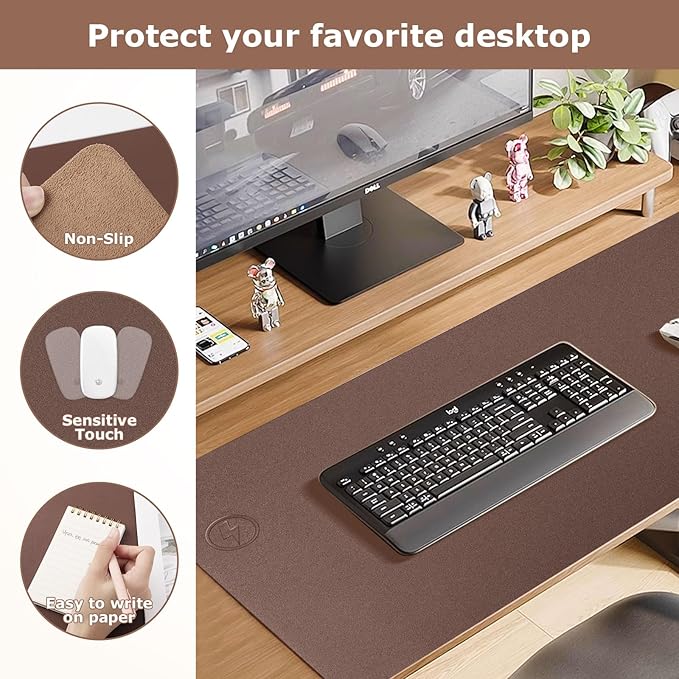 Wireless Charging Mouse Pad Firelison 2 in 1 Leather Multifunctional Office Desk Pad with Non-Slip Rubber Base, Waterproof Desk pad for Computers/Office/Work/Home/Decor（ 32" x 16"Brown - L）