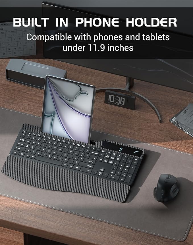 Wireless Keyboard Mouse Combo, Full Size Quiet Ergonomic Keyboard with Calculator, Backlit, Wrist Rest, Phone Holder, 2.4Ghz Silent Rechargeable Keyboard & Mouse for Laptop, PC, Windows (Black)