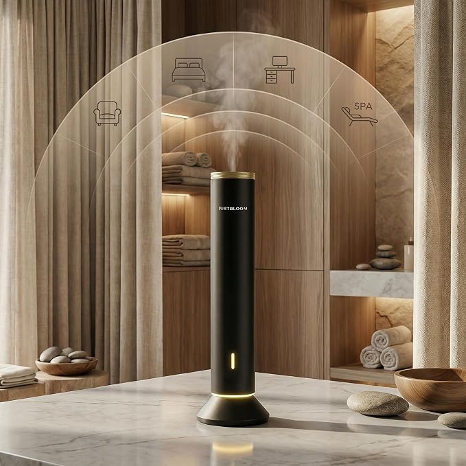 JustBloom Waterless Essential Oil Diffuser, 4000 Sq Ft, App Control, Black | 360° diffusion nozzle, 3-color ambient light, 5000mAh battery and tip-over protection for large rooms, home and office.