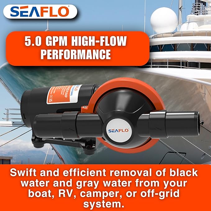 SEAFLO 12V Diaphragm 5.0 GPM Waste Pump – 360-Degree Rotating Head, 4-Year Warranty for Marine, RV, Camper, Boat