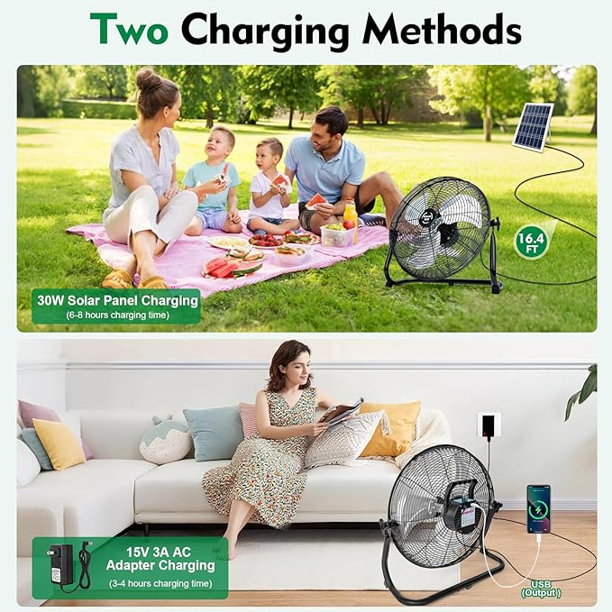 DBF 18" Solar Powered Fan Outdoor - Rechargeable Long Lasting Battery Cordless Floor Fan with 30W Solar Panel & AC Charging, High Velocity Metal Industrial Portable Fans for Outside Home Camping RV