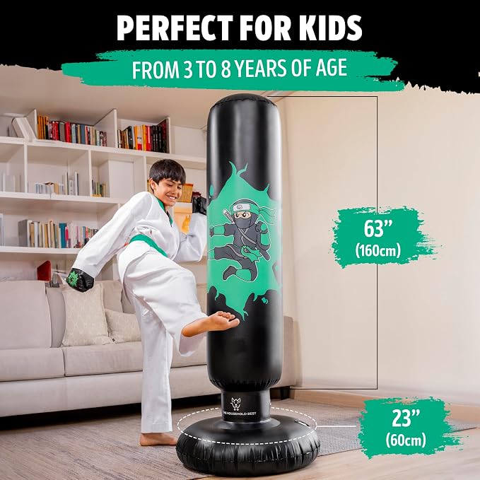 THB Punching Bag for Kids - Inflatable Punching Bag with Boxing Gloves for Kids Age 3-8, 63” Ninja Boxing Bag with Electric Air Pump to Practice Taekwondo, Karate, MMA, Bouncing Back