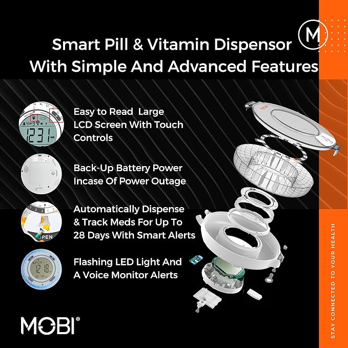 MOBI Smart WiFi Automatic Pill Dispenser with Alarm & Lock – 28 Day Smart Medication Organizer for Elderly & Caregivers – WiFi App Control, Sound & Light Alerts, UV Lid, for Perscriptions & Vitamins