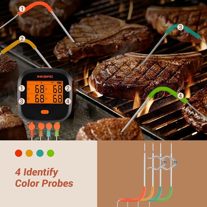 INKBIRD WiFi Meat Thermometer IBBQ-4T, Wireless WiFi BBQ Thermometer for Smoker, Oven | APP Calibration Temp Graph | Mobile Notification Timer Alarm | Rechargeable Digital Grill Thermometer, 4 Probes