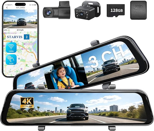 2026 12'' 4K Rear View Mirror Camera with STARVIS 2 Sensor,4K+2.5K Front and Rear Mirror Dash Cam+1080P Inside Car Camera for Baby,WiFi,GPS,APP,Free 128G SD Card,Dash Camera for Cars Safety