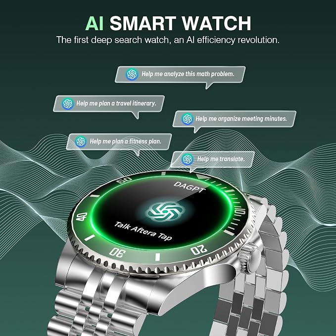 SOUYIE GPT AI Smart Watch for Men, Bluetooth Call Heart Rate Blood Pressure Blood Oxygen Sleep Monitor, 107 Sports Modes 1.19" AMOLED Display Waterproof Fitness Tracker Android iOS, 44mm Silver Green