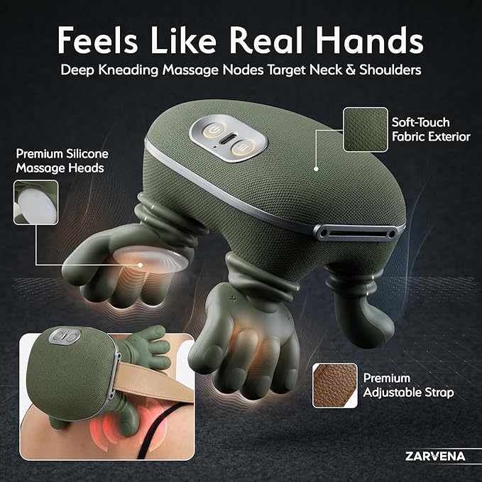 Neck Massager with Heat for Pain Relief – Shoulder & Neck Massager with Hands, Simulated Human Hand Massager, Deep Tissue Shiatsu, Cordless Portable Neck Massager with Adjustable Strap