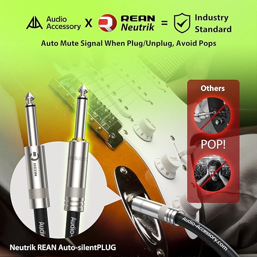 AA AUDIO ACCESSORY Silent Guitar Cable 50 ft, Neutrik REAN silentPLUG, Kevlar-Reinforced Nylon Braided Anti-Kinking, Auto Mute 20 AWG 99.99% OFC 1/4 Instrument Cable, Shielded Amp Cord for Bass Guitar