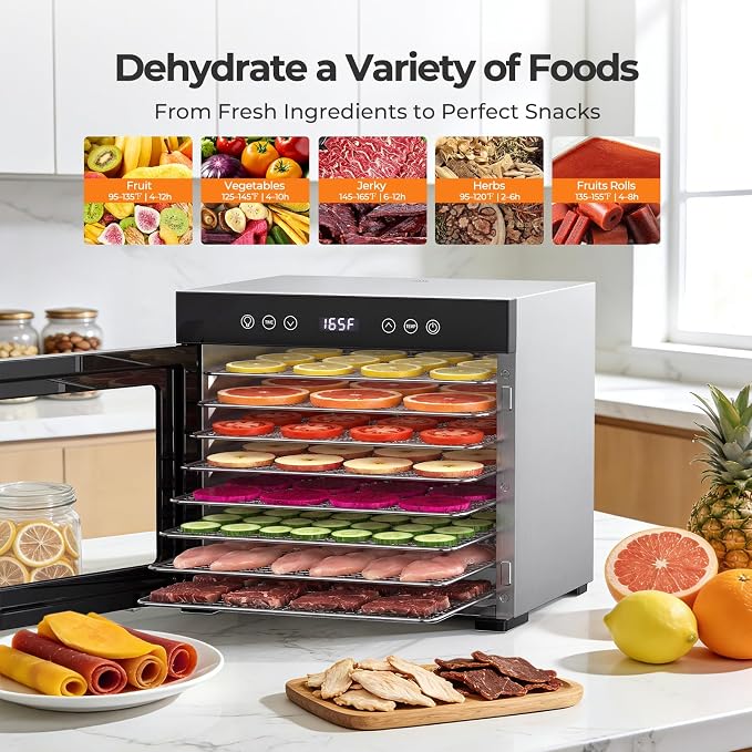 OSTBA Food Dehydrator, 8 Stainless Steel Trays, 95–165℉ Adjustable Temperature, 48h Digital Timer, Double-Layer Food Dryer for Fruit, Vegetable, Jerky, Herb, 650W Home & Commercial Use