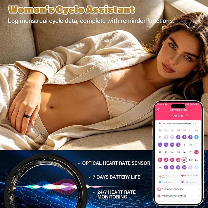Smart Fitness and Activity Ring for Men and Women – Track Heart Rate, Sleep, Stress, Steps & More, Waterproof Fitness Tracker for iPhone and Android, No Subscription Fee, Black 12#