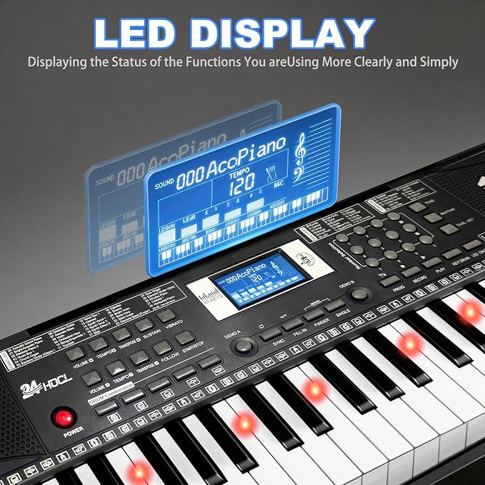 Keyboard Piano 61 Lighted Keys, Electric Keyboard Kit with 100 Voices, 100 Rhythms - Built-In Speaker, Microphone, Sheet Stand and Power Supply, Gift for Children Beginners [Black, Piano with Stand]
