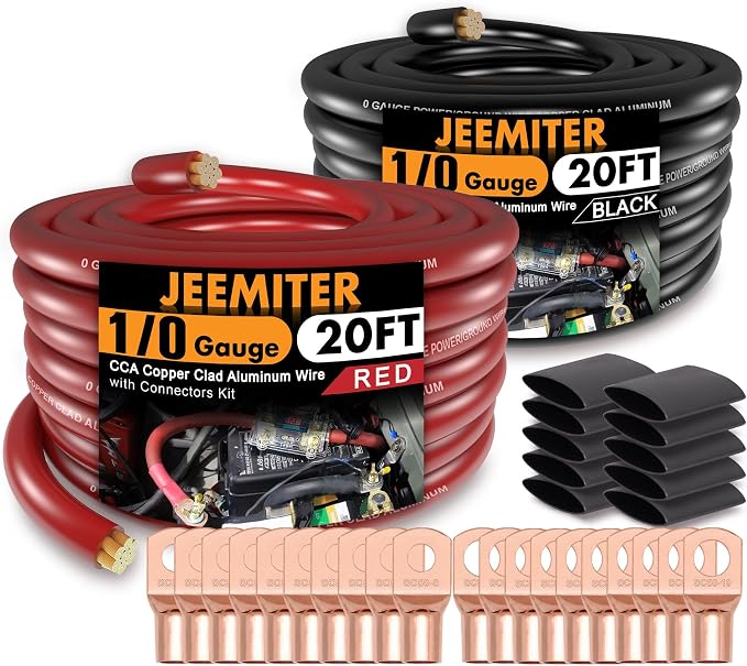 Jeemiter 0 Gauge Wire Copper Clad Aluminum (20ft Each - Red/Black),1/0 Battery Cable,20Pcs Lug Terminal Connectors with 3:1Heat Shrink Tubing for Car Audio Speaker,Solar,Auto,Amp,RV & Marine